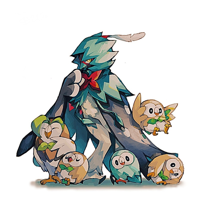 alternate_color bird black_eyes blue_feathers closed_eyes commentary_request dartrix decidueye evolutionary_line feather_hair feathers green_feathers looking_at_viewer looking_back no_humans open_mouth owl plume pokemon pokemon_(creature) rowlet shiny_and_normal shiny_pokemon standing tako2_eaka tongue u_u white_background white_feathers winged_arms wings yellow_eyes