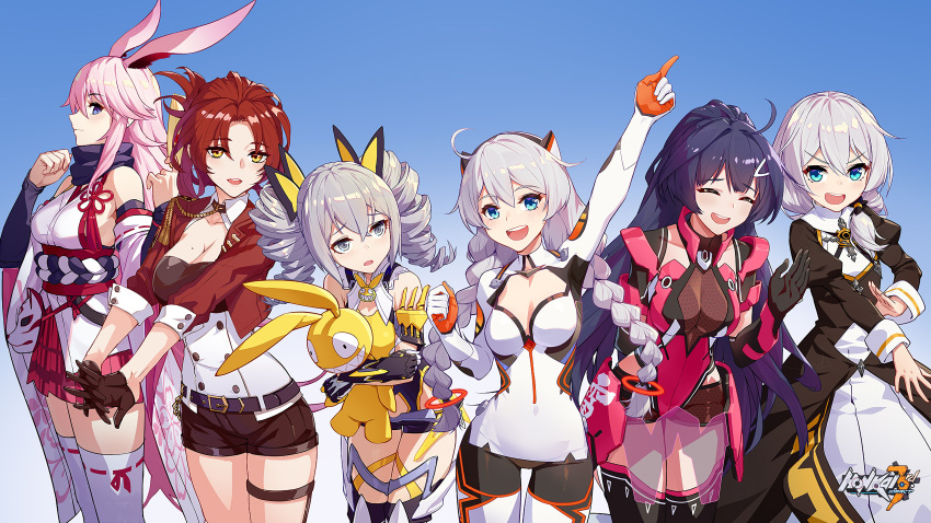 6+girls :d absurdres ahoge animal_ears bare_shoulders black_dress blue_background blue_eyes bodysuit braid breasts bronya_zaychik bronya_zaychik_(yamabuki_armor) brown_gloves brown_shorts cleavage closed_eyes closed_mouth doll dress drill_hair fox_ears fox_mask gloves grey_eyes grey_hair highres holding holding_doll homu_(honkai_impact) honkai_(series) honkai_impact_3rd jacket japanese_clothes kiana_kaslana kiana_kaslana_(white_comet) leotard long_hair long_sleeves looking_at_viewer mask miko mole mole_on_breast multiple_girls murata_himeko murata_himeko_(battle_storm) nun official_art open_mouth pink_hair pink_skirt ponytail purple_eyes raiden_mei raiden_mei_(crimson_impulse) red_hair red_jacket shorts side_ponytail skirt smile theresa_apocalypse theresa_apocalypse_(valkyrie_pledge) thighhighs twin_braids twin_drills white_bodysuit white_hair white_thighhighs yae_sakura yae_sakura_(gyakushinn_miko) yellow_eyes yellow_leotard