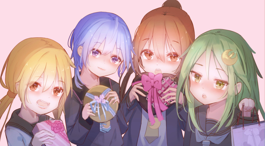 4girls absurdres blonde_hair blue_eyes blue_hair brown_eyes brown_hair crescent crescent_hair_ornament crescent_pin fumizuki_(kancolle) fumizuki_kai_ni_(kancolle) green_eyes green_hair hair_ornament highres kantai_collection logiclr low_twintails minazuki_(kancolle) multiple_girls nagatsuki_(kancolle) satsuki_(kancolle) satsuki_kai_ni_(kancolle) twintails valentine yellow_eyes