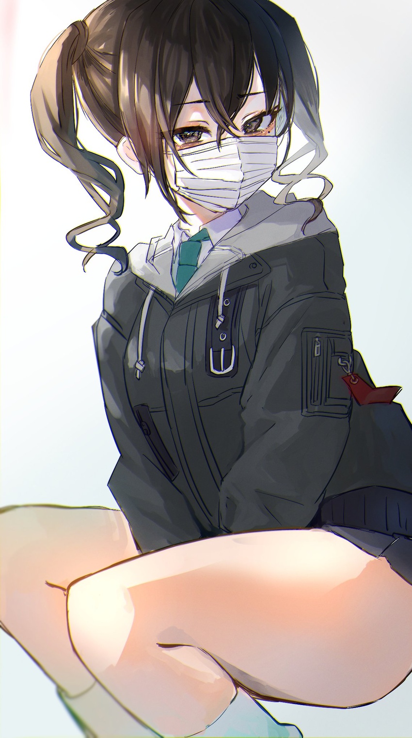 black_hair black_jacket eyelashes female fujima_(k114) green_necktie highres hood hooded_jacket idolmaster idolmaster_cinderella_girls jacket kneehighs looking_at_viewer mask miniskirt mole mole_under_eye mouth_mask necktie own_hands_together school_uniform simple_background skirt socks solo sunazuka_akira surgical_mask thighs twintails wavy_hair white_background white_mask