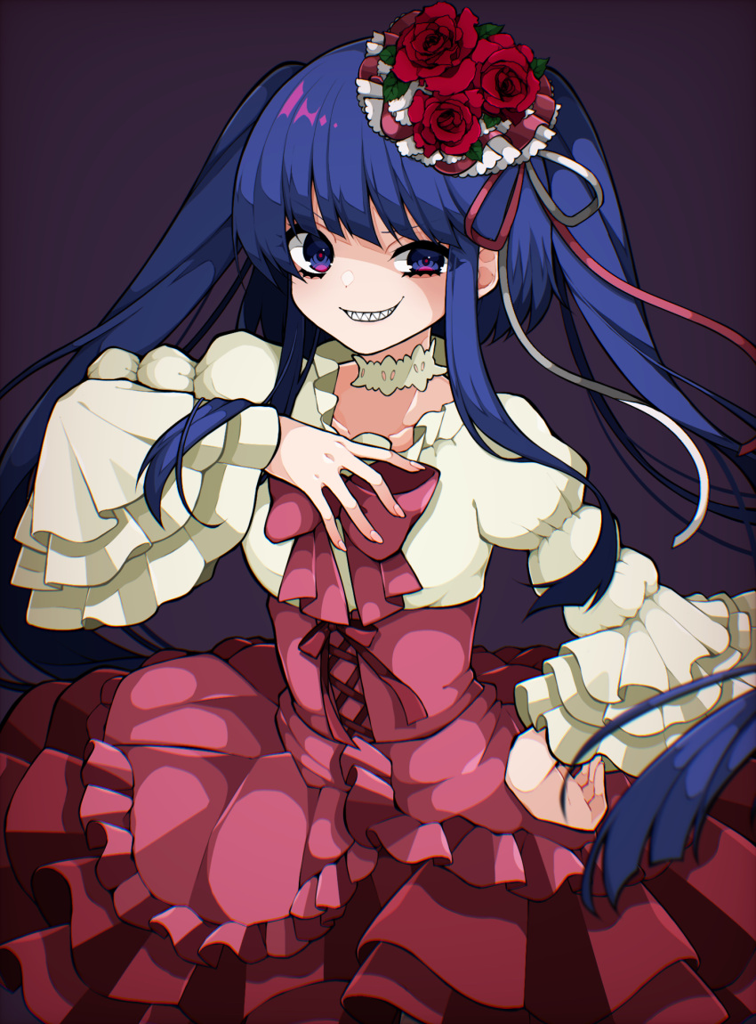 blue_eyes blue_hair choker commentary female flower furudo_erika hat highres lace lace_choker long_hair long_sleeves pink_ribbon purple_background red_flower red_rose ribbon rose sharp_teeth smile solo takae_(poupee_en_biscuit) teeth twintails umineko_no_naku_koro_ni