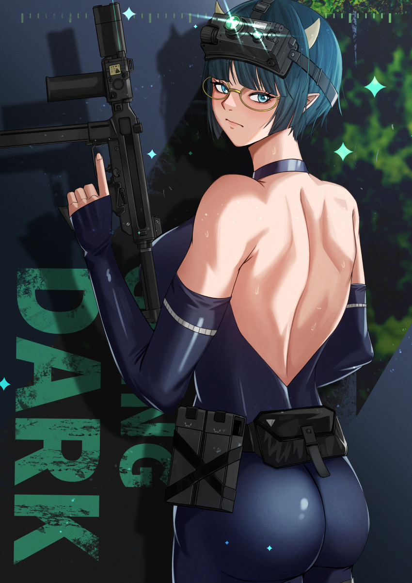 absurdres ass bare_shoulders belt belt_pouch blue_eyes blue_hair breasts cowboy_shot fax61209 female glasses gun highres horns leotard looking_back lv1_maou_to_one_room_yuusha pointy_ears pouch shadow solo spectre_m4 sweat utility_belt weapon yellow-framed_eyewear zenia_(lv1_maou_to_one_room_yuusha)