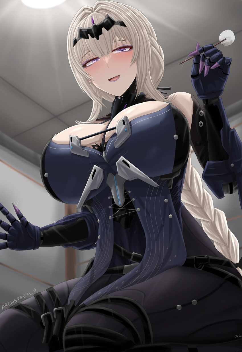 archstreal bare_shoulders belt bianca:_stigmata_(punishing:_gray_raven) bianca_(punishing:_gray_raven) black_gloves black_leotard black_pantyhose blush braid braided_ponytail breasts cleavage elbow_gloves female gauntlets gloves grey_hair hair_ornament highres lap_pillow_invitation large_breasts leotard long_hair looking_at_viewer mole mole_under_eye open_mouth pantyhose punishing:_gray_raven purple_eyes seiza sidelocks sitting smile solo thigh_strap thighs