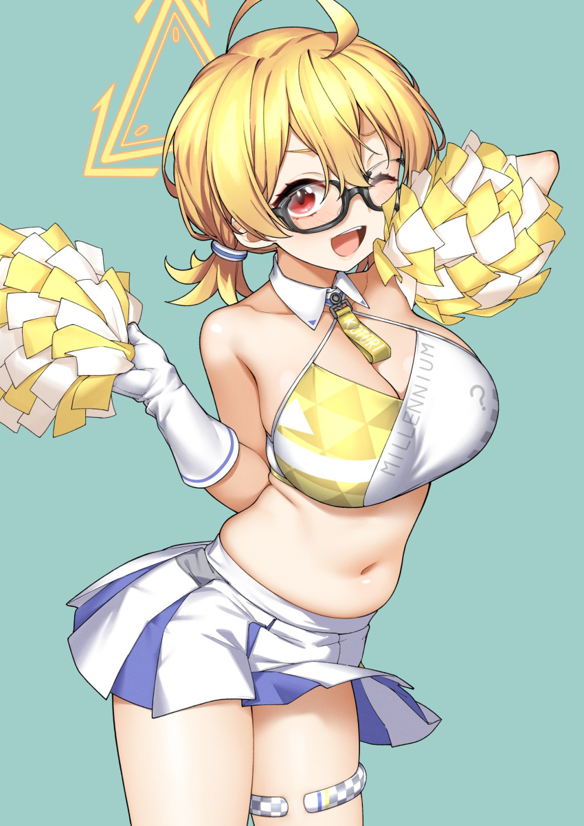 ahoge bare_shoulders black-framed_eyewear blonde_hair blue_archive blush braid breasts cleavage commentary_request criss-cross_halter female glasses gloves halo halterneck hatakenaka_(kamagabuchi) highres holding holding_pom_poms kotori_(blue_archive) kotori_(cheer_squad)_(blue_archive) large_breasts looking_at_viewer low_twintails millennium_cheerleader_outfit_(blue_archive) miniskirt navel one_eye_closed open_mouth pleated_skirt pom_pom_(cheerleading) red_eyes short_hair short_twintails skirt smile solo sports_bra thigh_strap thighs twintails two-tone_sports_bra white_gloves white_skirt