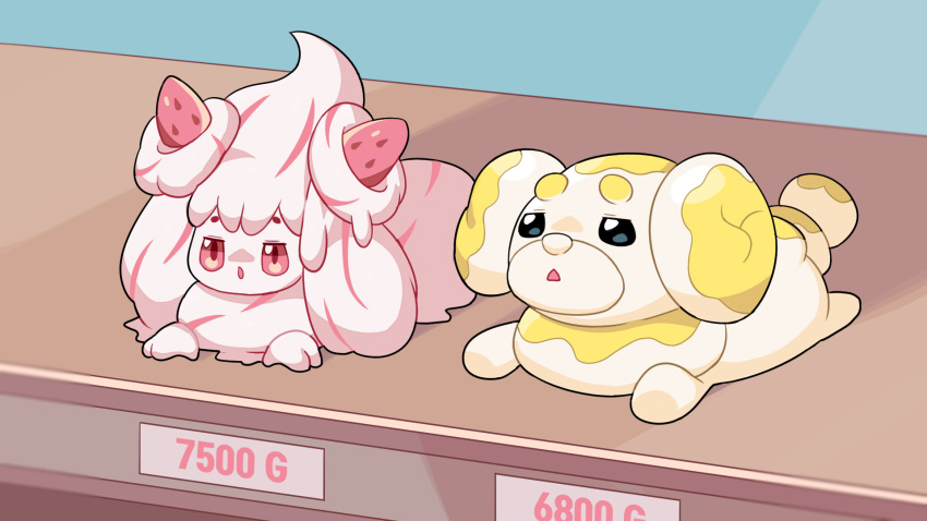 alcremie alcremie_(strawberry_sweet) alcremie_(vanilla_cream) animal_focus black_eyes colored_sclera commentary_request creature_as_food drunkoak english_commentary fidough food food_focus fruit full_body half-closed_eyes highres jitome korean_commentary long_hair lying mixed-language_commentary multicolored_hair no_humans on_stomach open_mouth partial_commentary pink_hair pokemon pokemon_(creature) red_eyes red_sclera sidelocks strawberry streaked_hair two-tone_hair