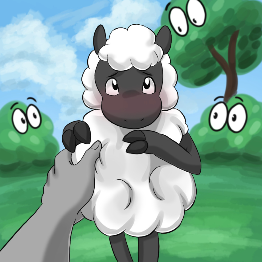 1:1 amanda_the_adventurer black_body black_eyes blush bovid caprine domestic_sheep first_person_view fur hi_res looking_at_viewer male mammal omnii34 petting plant sheep tree white_body white_fur wool_(fur) wooly_(amanda_the_adventurer)