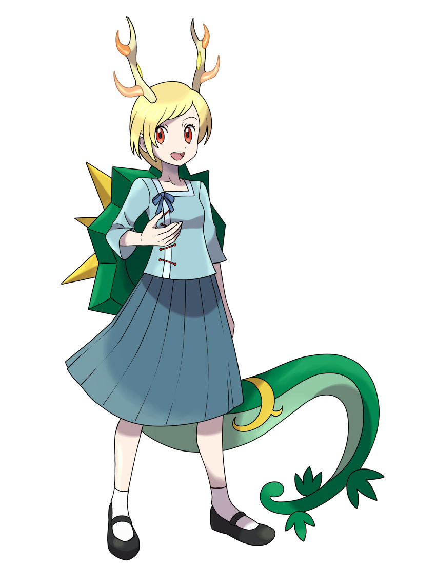 absurdres antlers asatsuki_(fgfff) black_footwear blonde_hair blue_shirt blue_sky breasts commentary_request dragon_girl dragon_tail female full_body highres horns kicchou_yachie mary_janes medium_skirt open_mouth parody pleated_skirt pokemon red_eyes serperior shirt shoes short_hair simple_background skirt sky small_breasts solo standing style_parody sugimori_ken_(style) tail touhou turtle_shell turtonator white_background white_legwear xerneas