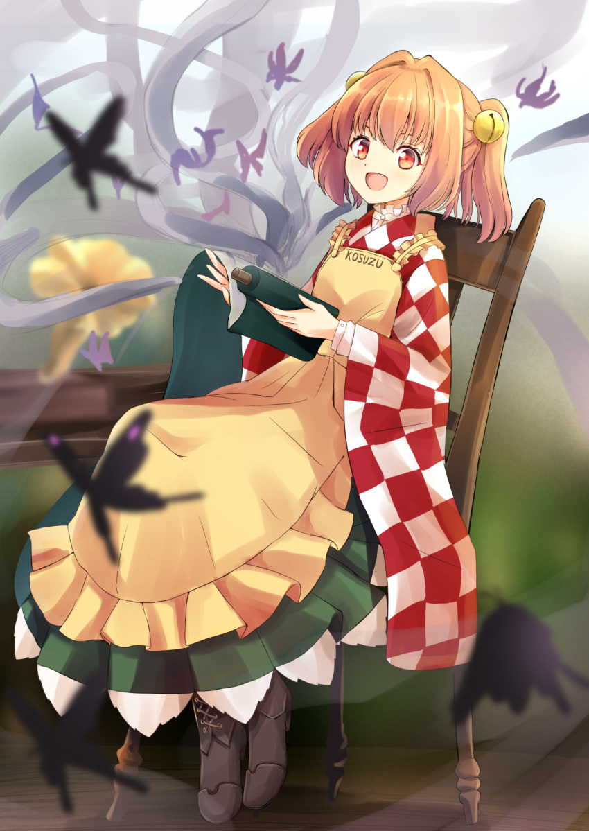 apron aura bell boots bow brown_footwear bug butterfly chair character_name checkered checkered_clothes checkered_kimono clothes_writing commentary_request female frilled_apron frilled_skirt frills green_skirt hair_bell hair_ornament happy highres japanese_clothes jingle_bell kachuten kanji kimono long_sleeves medium_hair motoori_kosuzu open_mouth orange_eyes orange_hair phonograph red_kimono scroll scroll_tube shirt sitting skirt solo touhou twintails two-tone_kimono two_side_up white_kimono white_shirt wide_sleeves wooden_chair yellow_apron yellow_bow