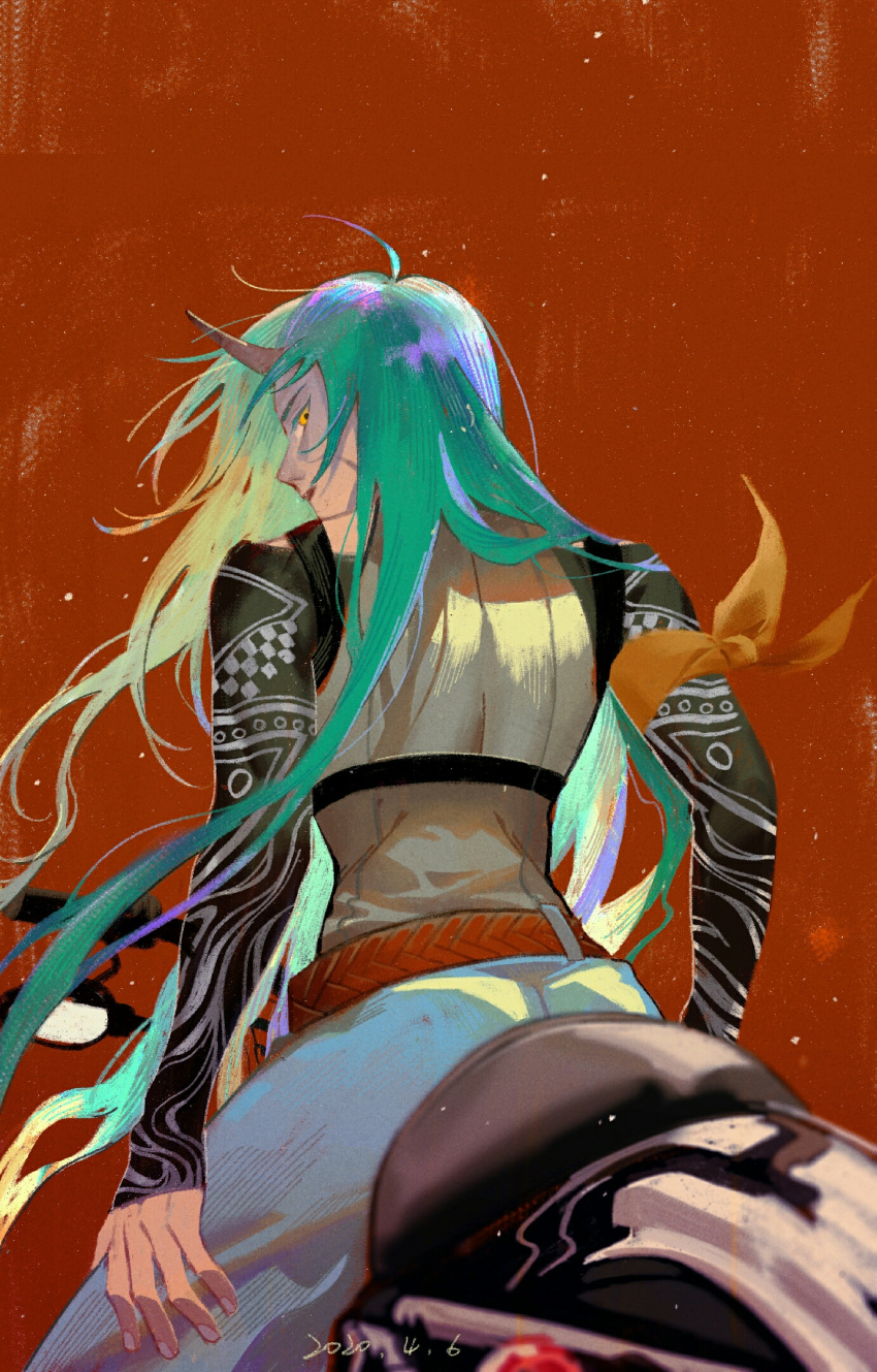 aqua_hair arknights armband arms_at_sides black_sleeves blurry closed_mouth cowboy_shot dated depth_of_field female floating_hair from_behind green_hair ground_vehicle highres horns hoshiguma_(arknights) hoshiguma_(ronin_huntress)_(arknights) layered_clothes light_particles liujingnian long_hair long_sleeves looking_at_viewer looking_back motor_vehicle official_alternate_costume pants patterned photo-referenced print_sleeves profile red_background scar scar_on_cheek scar_on_face sideways_glance simple_background single_horn sitting skin-covered_horns sleeveless sleeves_past_wrists solo very_long_hair white_pants wind yellow_eyes