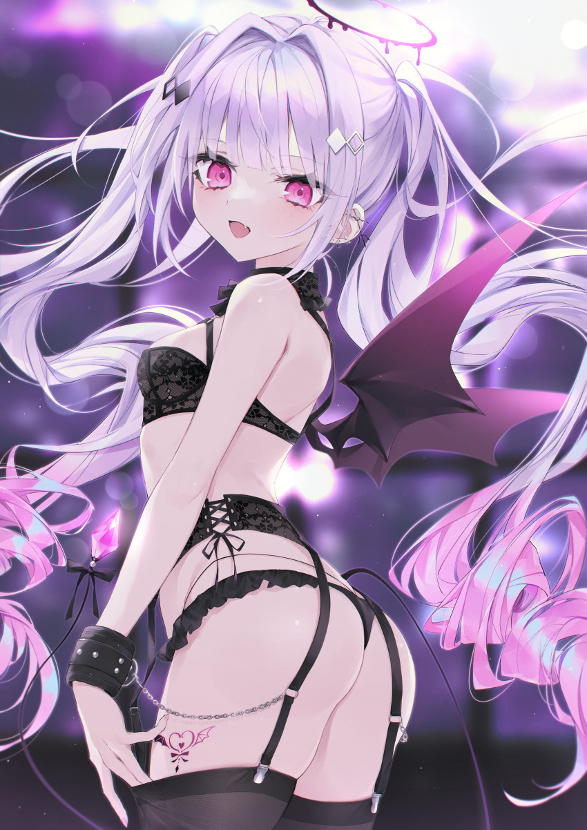 :d absurdres ass bad_id bad_pixiv_id bare_shoulders black_bra black_panties black_thighhighs black_wings blurry blurry_background bra breasts commentary_request demon_girl demon_tail demon_wings depth_of_field ear_piercing female from_behind garter_belt hair_intakes halo heart highres hoju_rura indie_virtual_youtuber long_hair looking_at_viewer looking_back mashiro_shiki oerba_yun_fang panties piercing pink_eyes purple_hair small_breasts smile solo tail thighhighs twintails twisted_torso underwear underwear_only very_long_hair virtual_youtuber wings