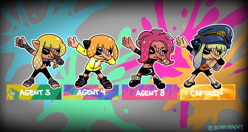 4girls agent_3_(splatoon) agent_3_(splatoon_3) agent_4_(splatoon) agent_8_(splatoon) berrybadvt blonde_hair boots crop_top dab_(dance) dark-skinned_female dark_skin hat highres inkling inkling_girl inkling_player_character jacket multiple_girls octoling octoling_girl octoling_player_character orange_hair peaked_cap pink_hair poncho sandals splashtag_(splatoon) splatoon_(series) splatoon_1 splatoon_2 splatoon_2:_octo_expansion splatoon_3 squidbeak_splatoon tentacle_hair toeless_footwear torn_clothes