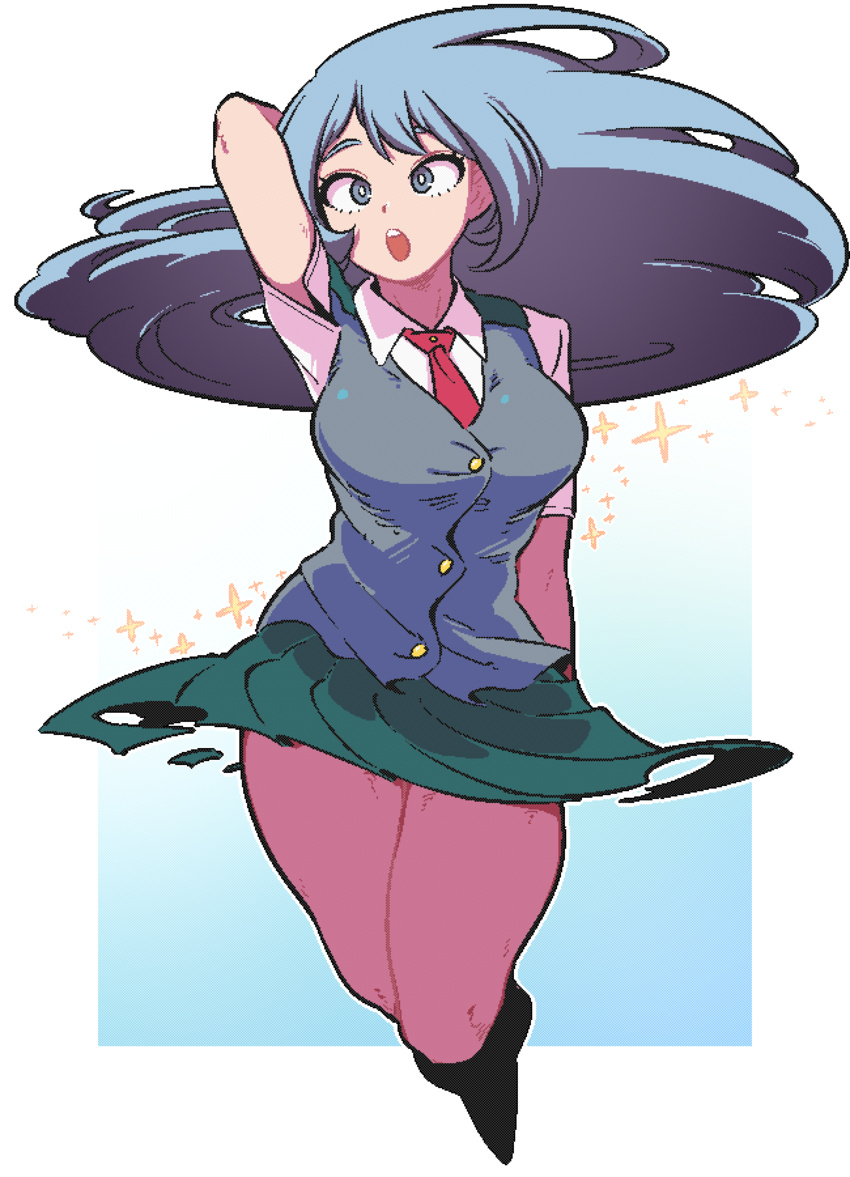 arm_behind_head arm_up black_socks blue_eyes blue_hair boku_no_hero_academia border breasts bright_pupils collared_shirt commentary_request dithering dress_shirt female floating_hair gradient_background green_skirt hadou_nejire highres jaggy_lines kingbawoon kneehighs korean_commentary large_breasts long_hair looking_at_viewer necktie open_mouth red_necktie school_uniform shadow shirt short_sleeves simple_background skirt socks solo sparkle standing thick_thighs thighs u.a._school_uniform very_long_hair vest waistcoat white_background white_border white_pupils white_shirt wing_collar