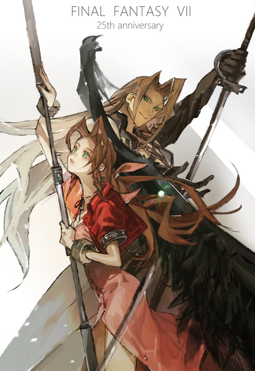 1boy aerith_gainsborough armor black_coat black_gloves black_wings bo_staff bracelet breasts brown_hair choker coat cropped_jacket dress female final_fantasy final_fantasy_vii gloves green_eyes highres holding holding_sword holding_weapon jacket jewelry long_coat long_dress long_hair masamune_(ff7) materia medium_breasts parted_bangs parted_lips pink_dress ponytail red_jacket sephiroth shadow shoulder_armor sidelocks single_wing staff sword talesofmea unbuttoned_dress upper_body wavy_hair weapon white_background white_hair wings