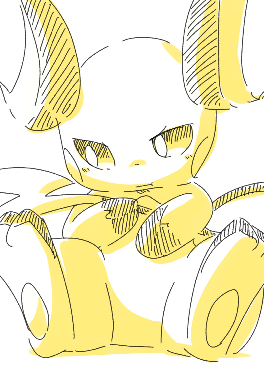 3_toes ambiguous_gender black_eyes chaba cross-hatching featureless_crotch feet feral generation_1_pokemon gloves_(marking) hatching_(art) hi_res holding_tail looking_aside markings monochrome multicolored_body nintendo pawpads pokemon pokemon_(species) pouting_lips pupils raichu shaded simple_background solo tail toes two_tone_body white_background white_pupils yellow_body yellow_cheeks