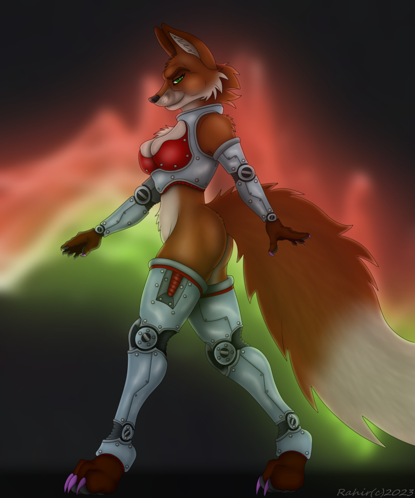 5:6 anthro bionic canid canine claws cybernetics cyborg digital_media_(artwork) female fox fur green_eyes hi_res limbs machine mammal orange_body orange_fur pose rahir_(artist) smile solo white_body white_fur