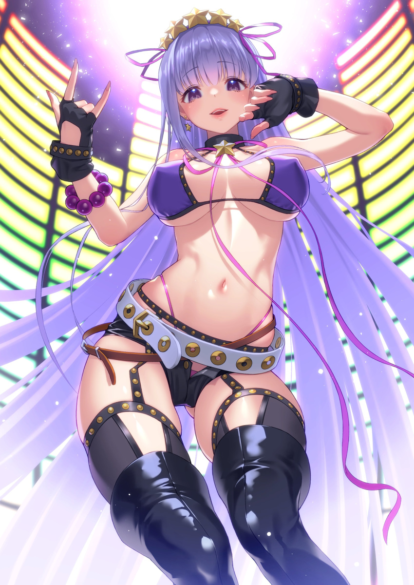 \m/ absurdres ass_visible_through_thighs bb_(fate) bb_(swimsuit_mooncancer)_(fate) bb_(swimsuit_mooncancer)_(second_ascension)_(fate) bikini black_footwear black_gloves black_shorts boots bow breasts cowboy_shot earrings fate/grand_order fate_(series) female fingerless_gloves gloves hair_ribbon highres jewelry large_breasts long_hair looking_at_viewer micro_shorts navel pink_bow pink_ribbon purple_bikini purple_eyes purple_hair rainbow_order ribbon saruchitan shiny_skin shorts smile solo standing star_(symbol) star_earrings swimsuit thigh_boots thighhighs very_long_hair