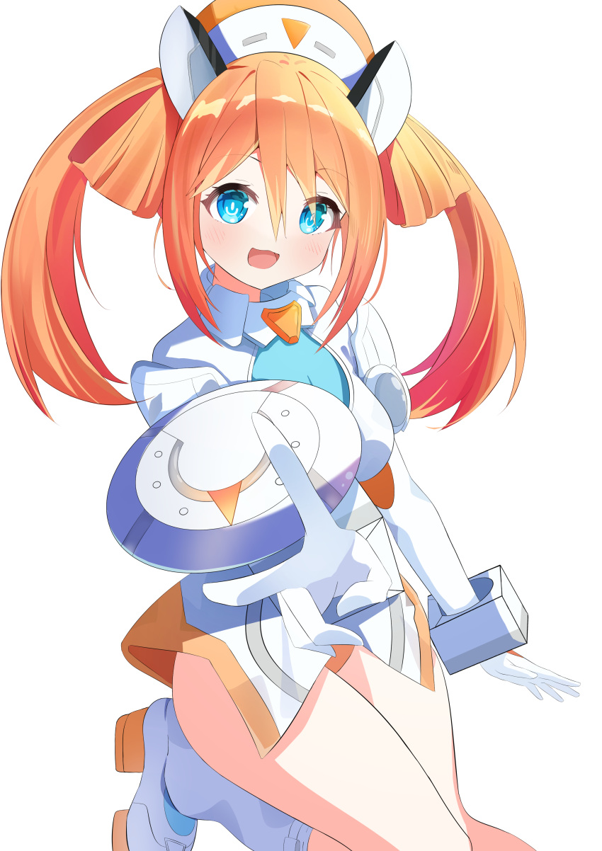 :d absurdres bare_legs blue_eyes blush boots breasts ceta2127 female hair_between_eyes hair_rings hand_up happy hat high_heel_boots high_heels highres leg_up leotard long_hair looking_at_viewer medium_breasts neptune_(series) nurse_cap orange_hair orange_heart_(neptunia) power_symbol power_symbol-shaped_pupils shield shin_jigen_game_neptune_vii simple_background smile solo symbol-shaped_pupils twintails v white_background