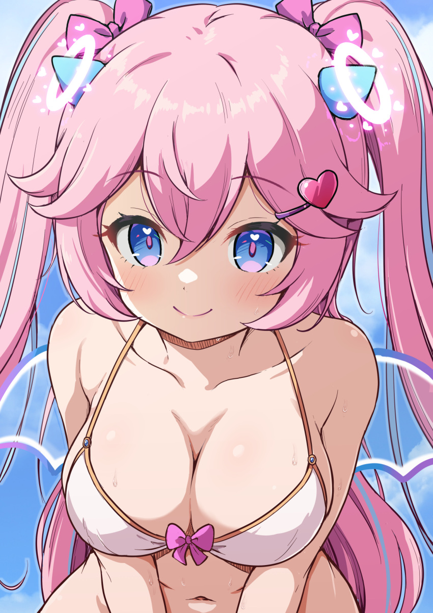 angelic_buster bare_arms bare_shoulders bikini blue_eyes blue_hair blush bow bow_bikini breasts cleavage closed_mouth collarbone commentary_request female hair_between_eyes hair_ornament hairbow hairclip heart heart_hair_ornament highres horns large_breasts looking_at_viewer maplestory multicolored_hair navel nekono_rin pink_bow pink_hair smile solo streaked_hair swimsuit two_side_up white_bikini