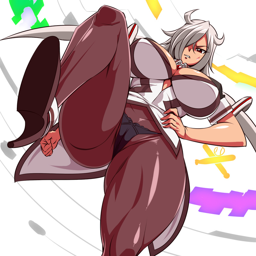 angry arm_at_side ass black_panties breasts brown_pantyhose cameltoe clenched_hand commentary_request female from_below ginnyo grey_hair hacka_doll_0 hair_over_one_eye hand_on_own_hip high_heels highres huge_breasts leg_up long_bangs long_hair looking_down no_pants panties panties_over_pantyhose pantyhose parted_lips red_eyes short_sleeves solo swept_bangs thick_thighs thighs toned underwear