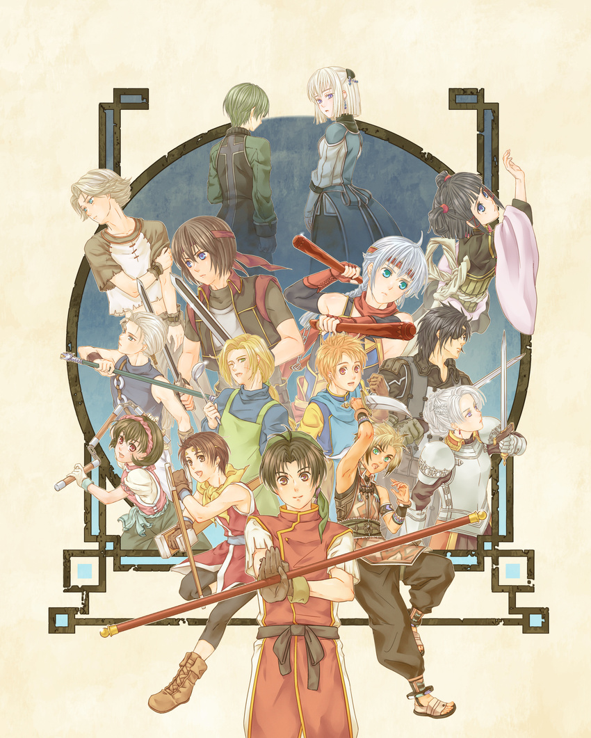 4girls 6+boys absurdres apron armor bandana black_hair blonde_hair blue_eyes bracelet braid brown_eyes brown_hair chris_lightfellow commentary_request dual_wielding eyepatch french_braid freyjadour_falenas gauntlets geddoe_(suikoden) gensou_suikoden gensou_suikoden_i gensou_suikoden_ii gensou_suikoden_iii gensou_suikoden_iv gensou_suikoden_v gloves gremio_(suikoden) hair_ornament half_updo headband highres holding hugo_(suikoden_iii) in-franchise_crossover jewelry jowy_atreides-blight knife ladle lazlo_(suikoden) leggings luc_(suikoden) lyon_(suikoden) ma_na_roo multiple_boys multiple_girls nanami_(suikoden) purple_eyes riou_(suikoden) sarah_(suikoden_iii) short_hair silver_hair snowe_vingerhut staff sword ted_(suikoden) three_section_staff tir_mcdohl tonfa weapon