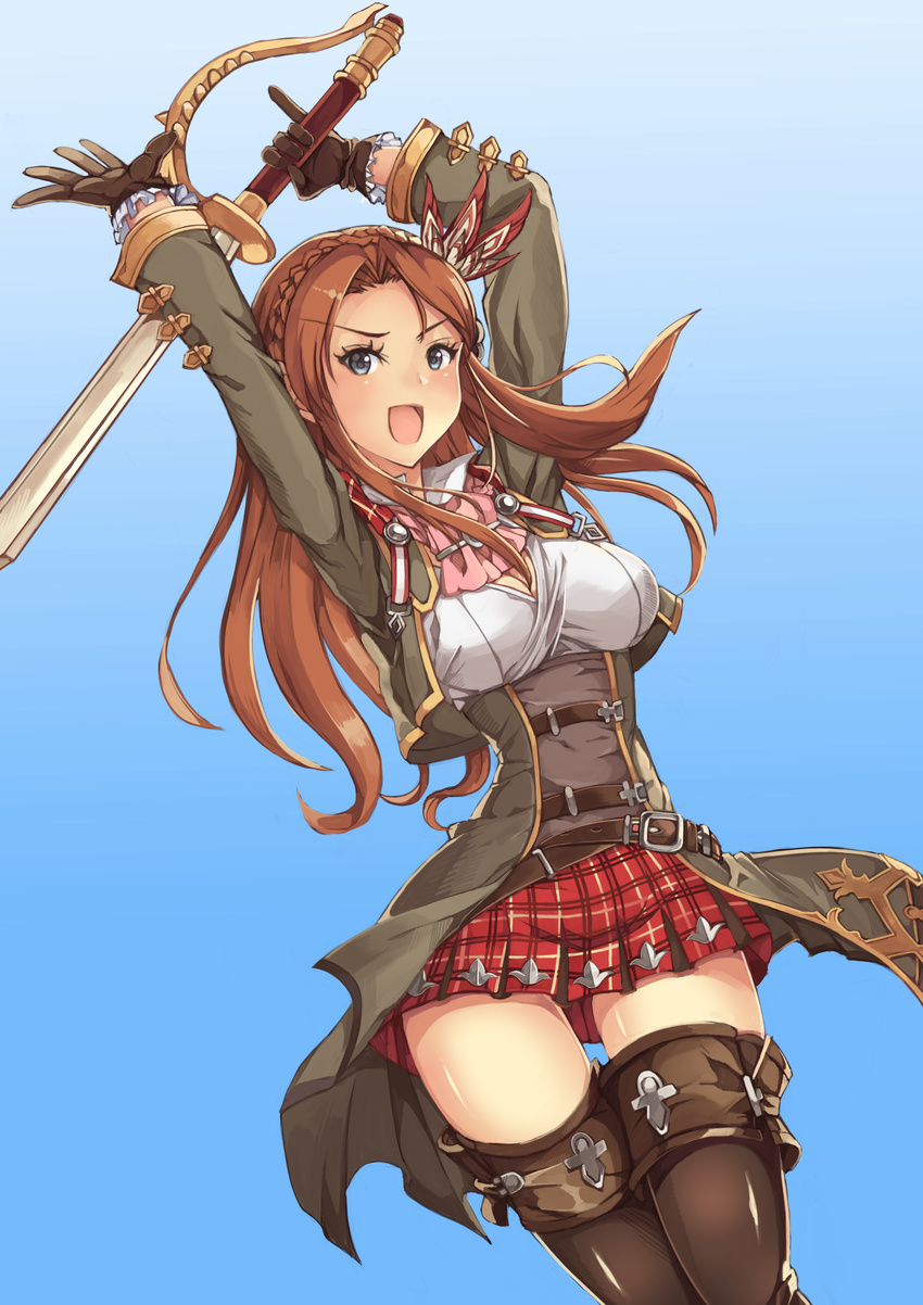 :d absurdres belt blue_eyes boots braid breasts brown_hair carren_(granblue_fantasy) cleavage commentary_request crown_braid feather_hair_ornament feathers female gloves granblue_fantasy hair_ornament highres large_breasts long_hair looking_at_viewer miniskirt open_mouth photoshop_(medium) plaid plaid_skirt pm_tii_(matuko1024) skirt smile solo sword thigh_boots thighhighs underbust v-shaped_eyebrows weapon