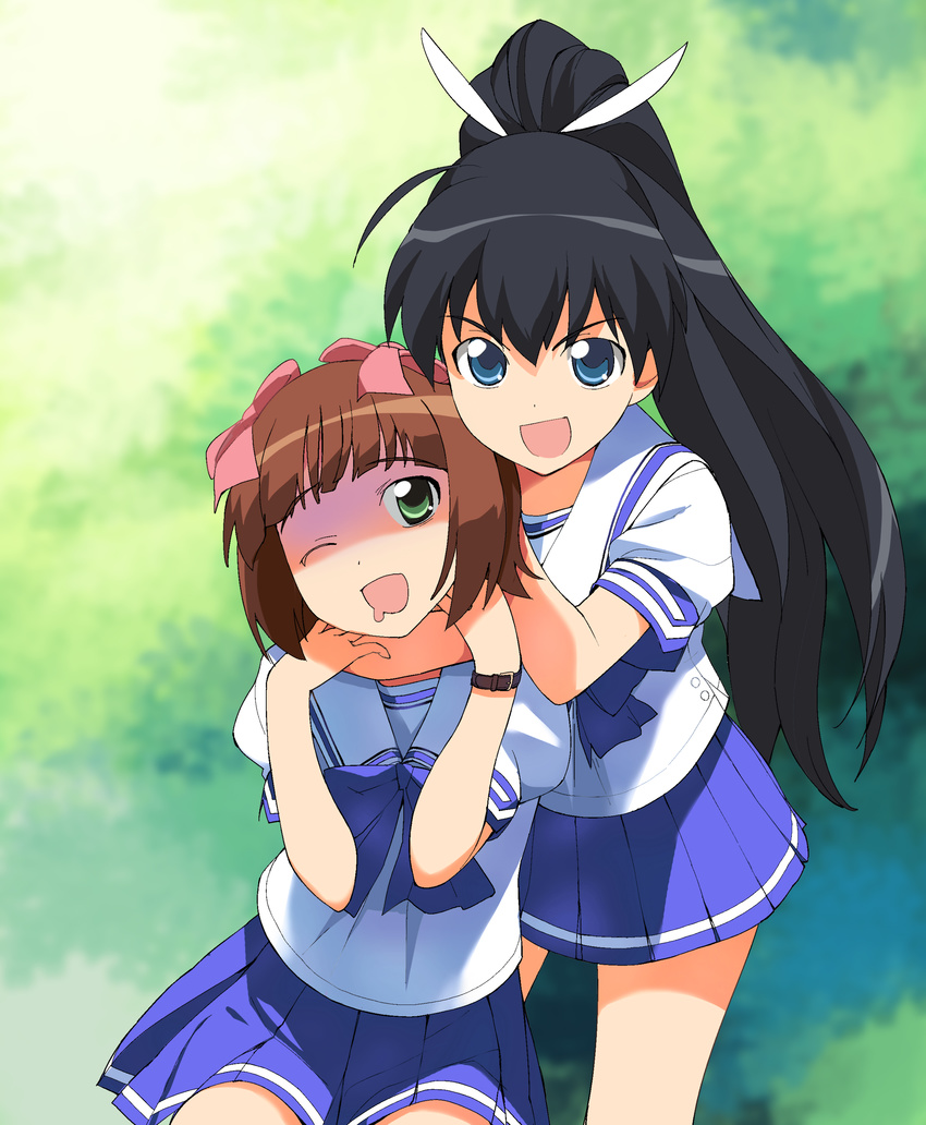 2girls :d ;d a1_(initial-g) absurdres amami_haruka asphyxiation black_hair blue_eyes brown_hair choke_hold cosplay ganaha_hibiki green_eyes hakuryou_high_school_uniform hayase_mitsuki hayase_mitsuki_(cosplay) highres idolmaster idolmaster_(classic) kimi_ga_nozomu_eien long_hair looking_at_viewer multiple_girls name_connection non-web_source one_eye_closed open_mouth photoshop_(medium) ribbon saliva school_uniform short_hair skirt sleeper_hold smile strangling suzumiya_haruka suzumiya_haruka_(cosplay) turn_pale v-shaped_eyebrows