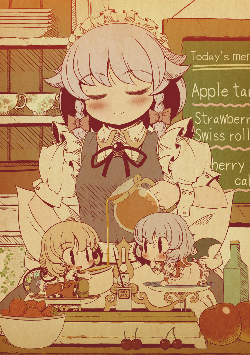 3girls apple balance_scale bat_wings blush bowl cherry chibi coffee_siphon commentary_request english_text flandre_scarlet flipped_hair food fruit highres holding honey izayoi_sakuya menu menu_board mini_person minigirl multiple_girls pac-man_eyes pouring remilia_scarlet smile strawberry takahero touhou weighing_scale wings