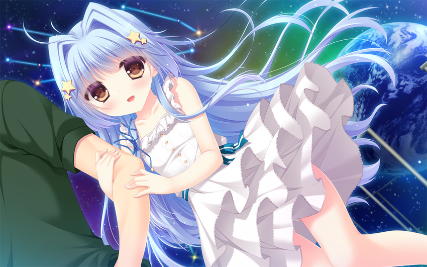 1boy :d ass_visible_through_thighs bare_shoulders blue_hair blush brown_eyes chuunibyou_na_kanojo_no_love_equation collarbone constellation dress earth_(planet) female game_cg hair_ornament hair_ribbon holding_another's_arm hoshino_spica_(chuunibyou_na_kanojo_no_love_equation) long_hair open_mouth out_of_frame planet railing ribbon sky smile star_(sky) star_(symbol) star_hair_ornament starry_sky striped striped_ribbon sundress tress_ribbon very_long_hair virgo_(constellation) white_dress yukie_(peach_candy)