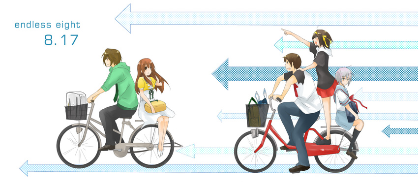 2boys 3girls arrow_(symbol) asahina_mikuru bad_id bad_pixiv_id bag bicycle bicycle_basket blue_sailor_collar blue_skirt brown_hair casual commentary_request dress endless_eight flats from_side green_necktie hand_on_another's_shoulder hood hood_down hoodie kita_high_school_uniform koizumi_itsuki kyon legs_together long_hair multiple_boys multiple_girls multiple_riders nagato_yuki necktie open_mouth outstretched_arm pants pillion pointing purple_hair riding sailor_collar school_uniform serafuku shirase_(azure) sidesaddle skirt standing summer_uniform suzumiya_haruhi suzumiya_haruhi_no_yuuutsu