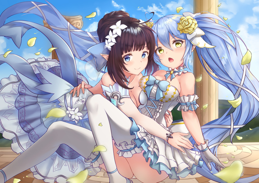 2girls :o absurdres ahoge arm_garter ass bare_shoulders blue_dress blue_eyes blue_hair blue_ribbon blue_sky blush breast_press breasts brown_hair choker cleavage closed_mouth cloud collarbone commentary_request day detached_sleeves dress elf floating_hair flower frilled_choker frills gloves hair_between_eyes hair_bun hair_flower hair_ornament heart heart_ahoge highres hug king's_raid knees_up large_breasts layered_dress long_hair long_sleeves looking_at_viewer md5_mismatch mirianne_(king's_raid) multiple_girls open_mouth outdoors petals pointy_ears ponta_(velmar) ribbon rose sidelocks single_hair_bun sitting sky smile sonia_(king's_raid) symmetrical_docking thighhighs twintails very_long_hair white_dress white_flower white_gloves white_legwear yellow_eyes yellow_flower