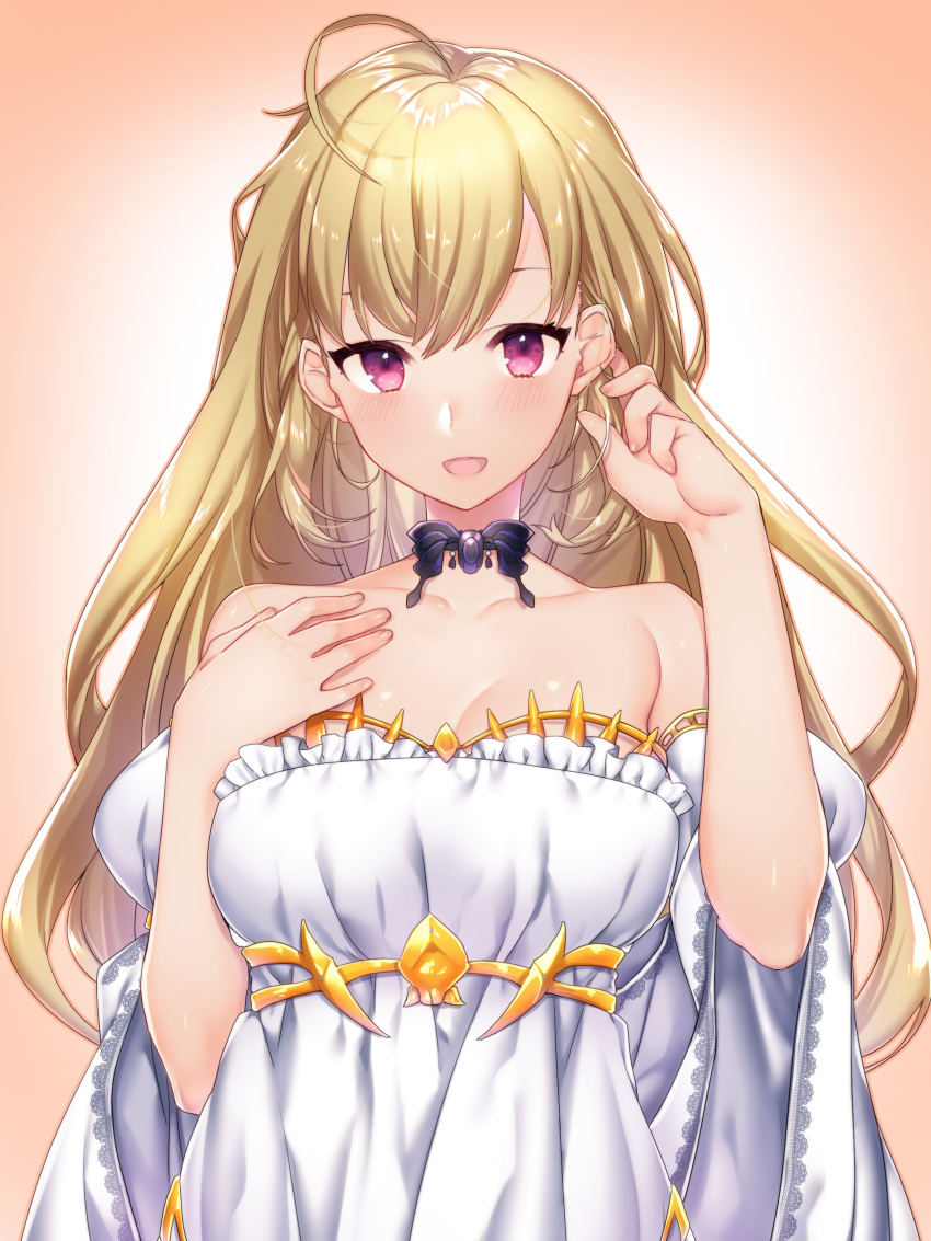 absurdres adjusting_hair ahoge alternate_costume bad_id bad_pixiv_id bare_shoulders blonde_hair blush breasts cleavage collarbone commentary_request female hair_down hand_on_own_chest highres nijisanji pink_background purple_eyes smile takamiya_rion takamiya_rion_(2nd_costume) upper_body virtual_youtuber wide_sleeves yutazou