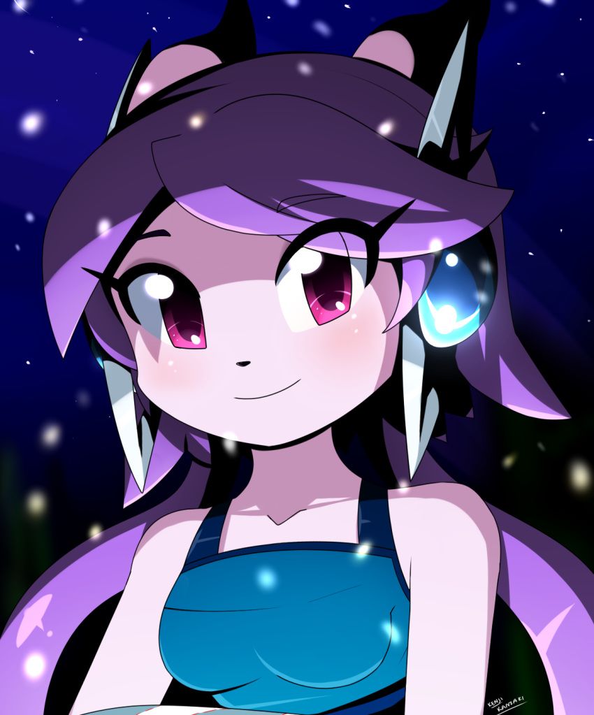 2019 anthro aquatic_dragon bare_shoulders blue_clothing blush breasts clothed clothing dragon eyebrow_through_hair eyebrows eyelashes eyelashes_through_hair eyeliner eyeshadow female freedom_planet galaxytrail glistening glistening_eyes gradient_background hair half-length_portrait hi_res horn jewelry kenjikanzaki05 long_hair looking_at_viewer makeup marine medium_breasts mythological_creature mythological_scalie mythology pink_eyes portrait purple_body purple_hair sash_lilac scalie signature simple_background small_breasts smile solo translucent translucent_hair