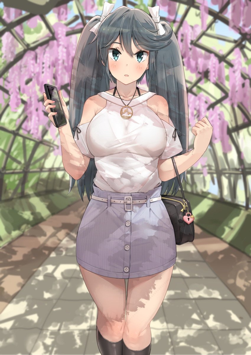 :o bad_id bad_pixiv_id bag belt black_socks blouse blue_eyes blue_hair blurry blurry_background blush bra_visible_through_clothes breasts casual cellphone clothing_cutout collarbone day female hair_ribbon highres holding holding_phone isuzu_(kancolle) isuzu_kai_ni_(kancolle) jewelry kantai_collection kneehighs large_breasts long_hair nail_polish necklace open_mouth osananajimi_neko outdoors phone pink_nails purple_skirt revision ribbon shirt shoulder_cutout sidelocks skirt smartphone socks solo swept_bangs thighs twintails white_ribbon white_shirt