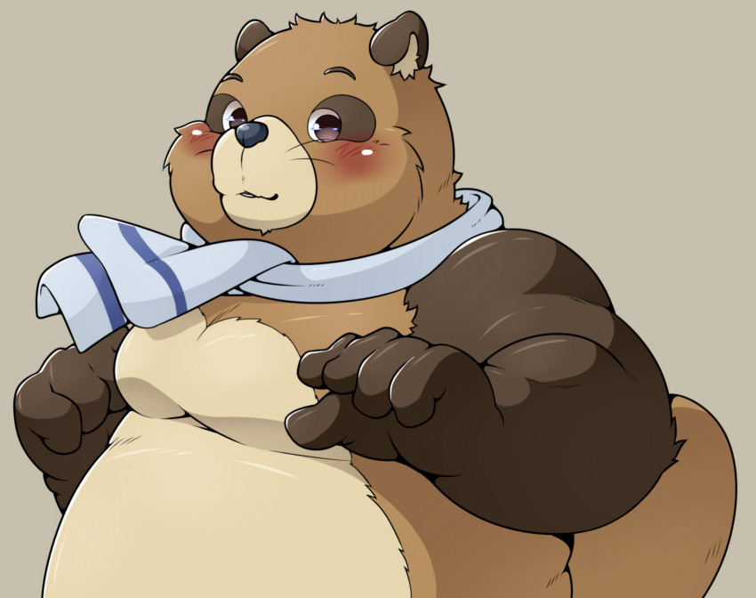 2019 anthro belly blush brown_body brown_fur canid canine fur ghibli hi_res humanoid_hands male mammal overweight overweight_anthro overweight_male pom_poko pomupomu490 ponkichi raccoon_dog scarf simple_background solo tanuki