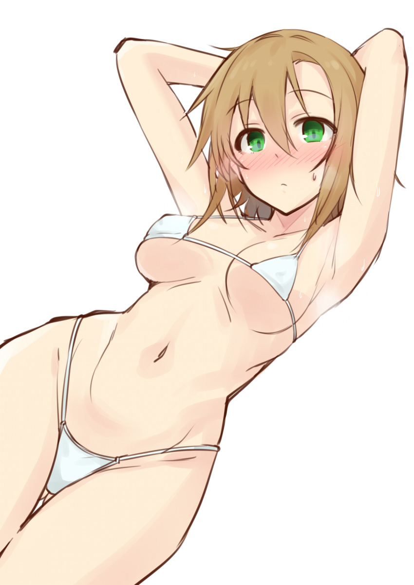 armpits arms_behind_head arms_up bare_shoulders bikini blush breasts brown_hair collarbone commentary female green_eyes hair_between_eyes highres idolmaster idolmaster_cinderella_girls kiyu_rei looking_at_viewer micro_bikini navel short_hair simple_background solo swimsuit tada_riina thighs white_background white_bikini