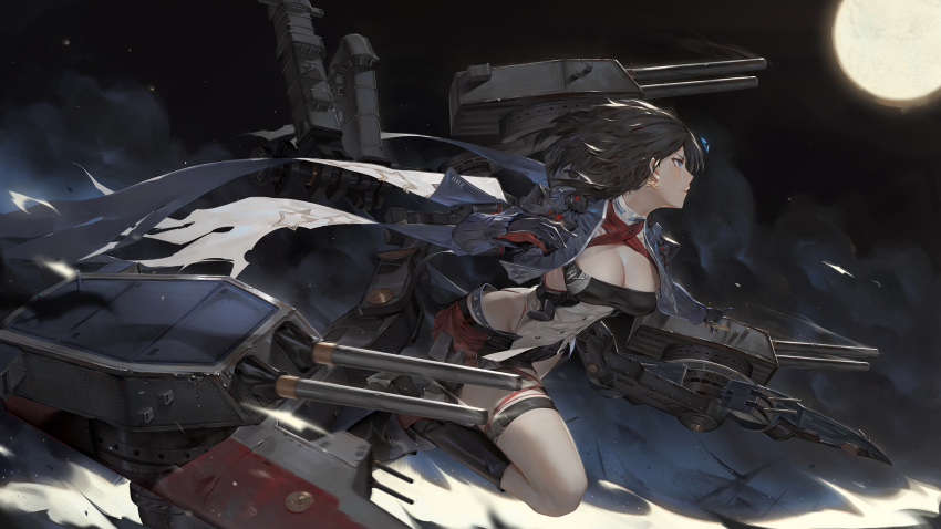 anti-aircraft_gun artillery azur_lane black_hair black_skirt breasts cannon cloak commentary_request earrings female full_moon georgia_(azur_lane) gloves hair_ornament hand_up heterochromia highres jewelry large_breasts looking_afar moon night official_art photoshop_(medium) range_finder rigging rudder_footwear running sidelocks single_thighhigh skirt smokestack strapless thigh_strap thighhighs toriumi_harumi turret white_thighhighs yellow_eyes