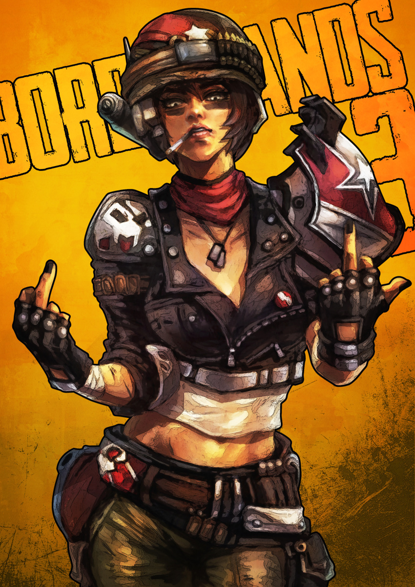 absurdres borderlands_(series) borderlands_3 commentary crop_top english_commentary female helmet highres middle_finger midriff monori_rogue moze_(borderlands) photoshop_(medium) shoulder_pads solo