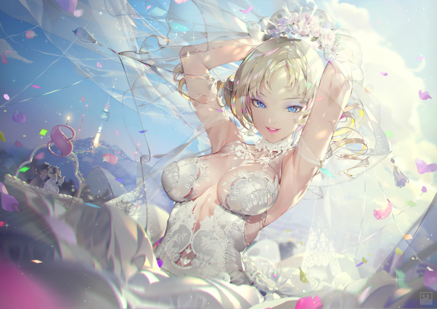 armpits arms_behind_head blonde_hair blue_eyes blurry blurry_foreground breasts bridal_veil cake catherine catherine:_full_body catherine_(game) choker cloud commentary crab_d day depth_of_field dress drill_hair dutch_angle english_commentary female flower food looking_at_viewer medium_breasts parted_lips petals sky solo sparkle twin_drills twintails veil wedding_cake wedding_dress white_dress