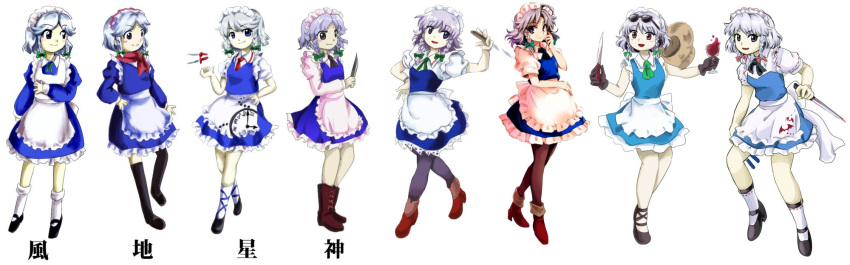 :d alcohol animal_print apron arm_up bat_print black_footwear black_gloves black_thighhighs blue_dress blue_eyes blue_ribbon boots bow braid breasts brown_footwear brown_legwear clock_print commentary_request cup dress drinking_glass eyewear_on_head female frilled_apron frills full_body gloves grey_hair grey_ribbon hairbow hand_on_own_hip hand_up hat highres holding holding_knife holding_weapon izayoi_sakuya juliet_sleeves knife left-handed leg_ribbon long_sleeves looking_at_viewer maid maid_apron maid_headdress mary_janes medium_breasts mountain_of_faith multiple_views neck_ribbon open_mouth pantyhose petticoat pink_bow puffy_short_sleeves puffy_sleeves red_scarf reverse_grip ribbon scarf shirt shoes short_dress short_hair short_sleeves simple_background smile socks subterranean_animism sun_hat sunglasses ten_desires thighhighs touhou translated twin_braids undefined_fantastic_object waist_apron weapon white_apron white_background white_legwear white_shirt wine wine_glass yutarou zettai_ryouiki zun_(style)