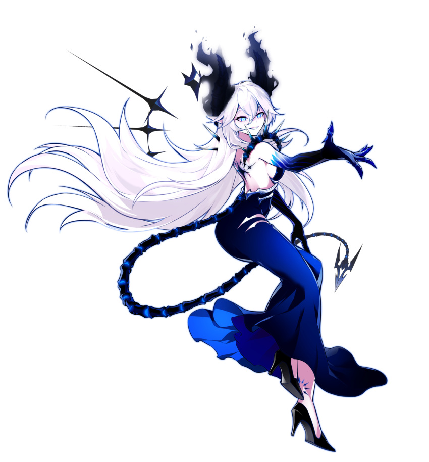 black_footwear black_gloves blue_dress blue_eyes demon_tail diabla_(elsword) dress elbow_gloves elsword female full_body gloves grey_background grin high_heels highres horns hwansang long_hair looking_at_viewer luciela_r._sourcream official_art shoes smile solo tail tattoo white_hair