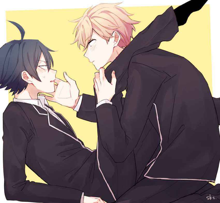 2boys ahoge black_hair black_jacket blazer blonde_hair blush border brown_eyes closed_mouth collared_shirt commentary_request from_side hair_between_eyes hand_on_another's_face hayama_hayato highres hikigaya_hachiman holding_another's_leg jacket kneeling looking_at_another male_focus multiple_boys open_mouth pants sakuta_(sakutanomori) school_uniform shirt short_hair signature simple_background sitting sobu_high_school_uniform socks sweatdrop white_border white_shirt yahari_ore_no_seishun_lovecome_wa_machigatteiru. yaoi yellow_background