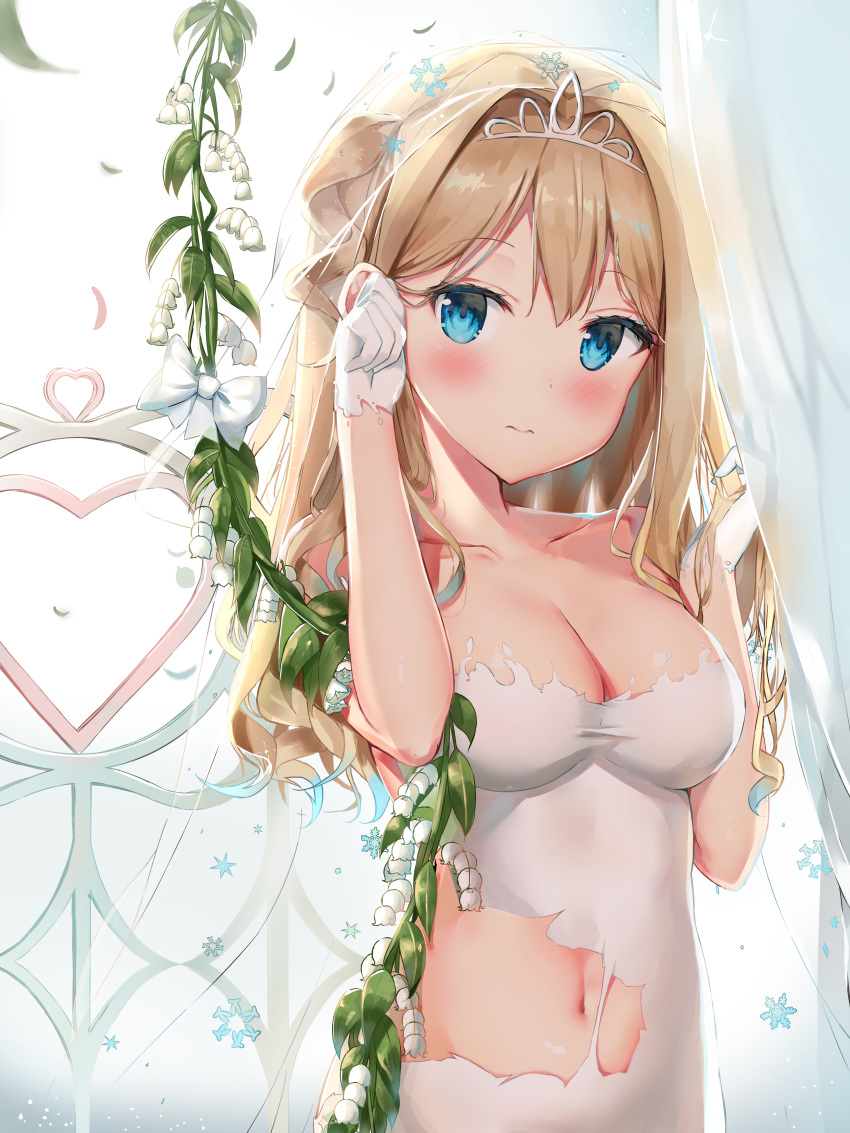 3: absurdres bachibachi_(tisen) bare_shoulders blonde_hair blue_eyes blush breasts cleavage closed_mouth collarbone commentary dress female flower girls'_frontline gloves hair_intakes hand_up highres leaf lily_of_the_valley long_hair looking_at_viewer medium_breasts navel official_alternate_costume plant ribbon snowflakes solo stomach suomi_(blissful_mission)_(girls'_frontline) suomi_(girls'_frontline) tiara torn_clothes torn_dress two_side_up upper_body veil vines wedding_dress white_dress white_flower white_gloves white_ribbon