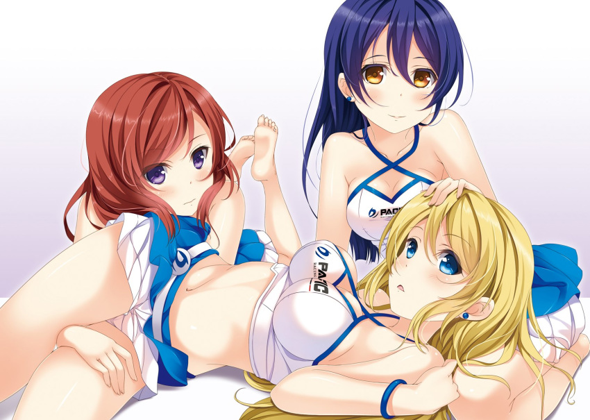 3girls ayase_eli bad_id bad_twitter_id bare_shoulders barefoot between_thighs blonde_hair blue_eyes blue_hair blush breasts commentary_request earrings hair_between_eyes hair_down hand_on_another's_head highres hino_minato_(spec.c) jewelry lap_pillow long_hair looking_at_viewer love_live! love_live!_school_idol_project lying medium_breasts midriff multiple_girls navel nishikino_maki on_back pacific_racing_team purple_eyes race_queen red_hair seiza short_hair simple_background sitting skirt soldier_game sonoda_umi white_background yellow_eyes