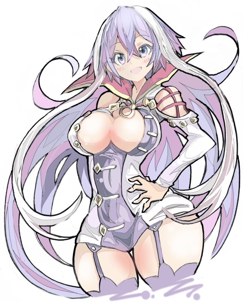 :d blue_eyes breasts center_opening cleavage commentary_request crossed_bangs dress enpe female garter_straps hair_between_eyes hand_on_own_hip highres isabelle_(shadowverse) large_breasts long_hair long_sleeves looking_at_viewer multicolored_hair open_mouth purple_hair purple_thighhighs shadowverse short_dress simple_background smile solo thighhighs thighs two-tone_hair very_long_hair white_background white_hair