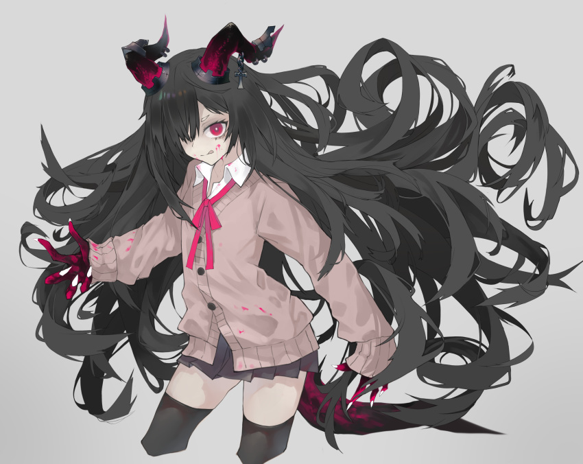 absurdres black_hair black_skirt black_thighhighs blood blood_on_clothes blood_on_face cardigan commentary_request demon_girl earrings female fingernails grey_background hair_over_one_eye highres horns jewelry kesuno long_hair long_sleeves nail_polish original pink_eyes sharp_fingernails simple_background skirt sleeves_past_wrists solo thighhighs tongue tongue_out very_long_hair white_nails zettai_ryouiki