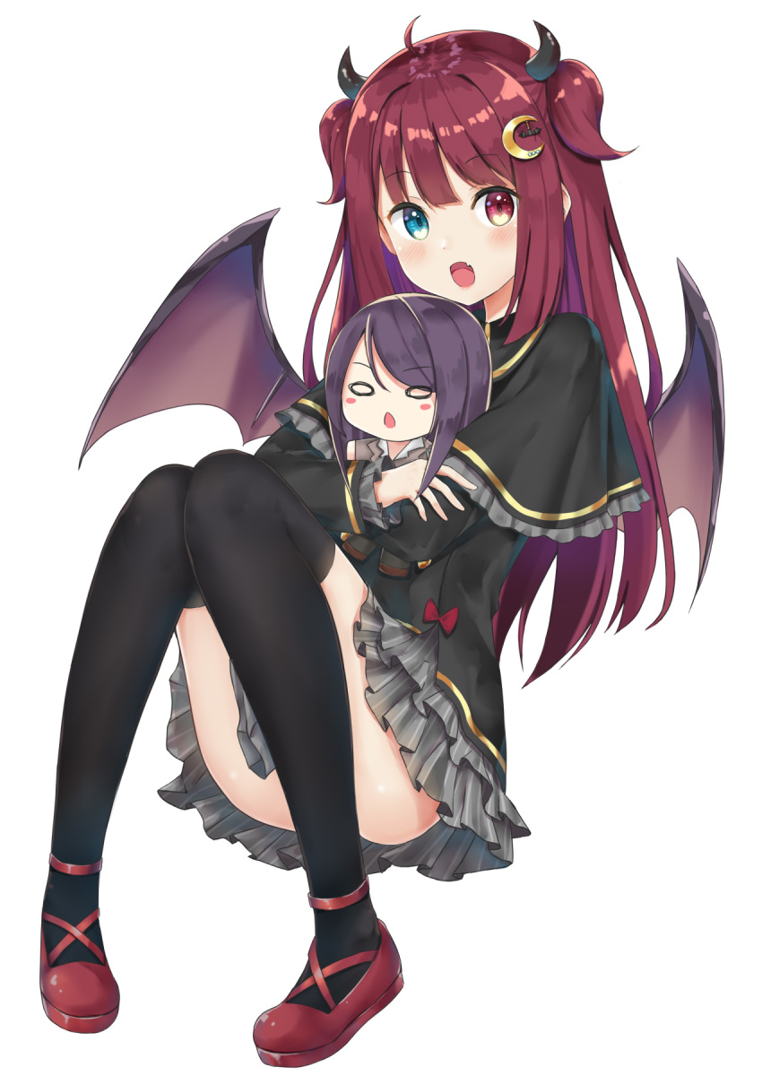 black_shirt blue_eyes blush capelet clothes_between_thighs commentary crescent crescent_hair_ornament demon_girl demon_horns demon_wings doll female fuji_noyume full_body grey_skirt gundou_mirei hair_ornament heterochromia highres holding holding_doll horns layered_skirt long_hair long_sleeves looking_at_viewer miniskirt nijisanji oerba_yun_fang open_mouth purple_hair red_eyes red_footwear red_hair shirt sitting skin_fang skirt solo thighhighs two_side_up virtual_youtuber wings yuzuki_roa yuzuki_roa_(1st_costume) zettai_ryouiki