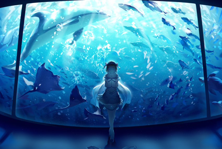 absurdres aquarium arms_behind_back bare_shoulders blonde_hair blue_theme cicirelrel closed_eyes collarbone commentary dolphin facing_viewer female fish full_body halterneck highres jewelry koi_ni_naritai_aquarium love_live! love_live!_sunshine!! manta_ray midriff navel pendant short_hair smile standing symbol-only_commentary thighhighs tiara watanabe_you