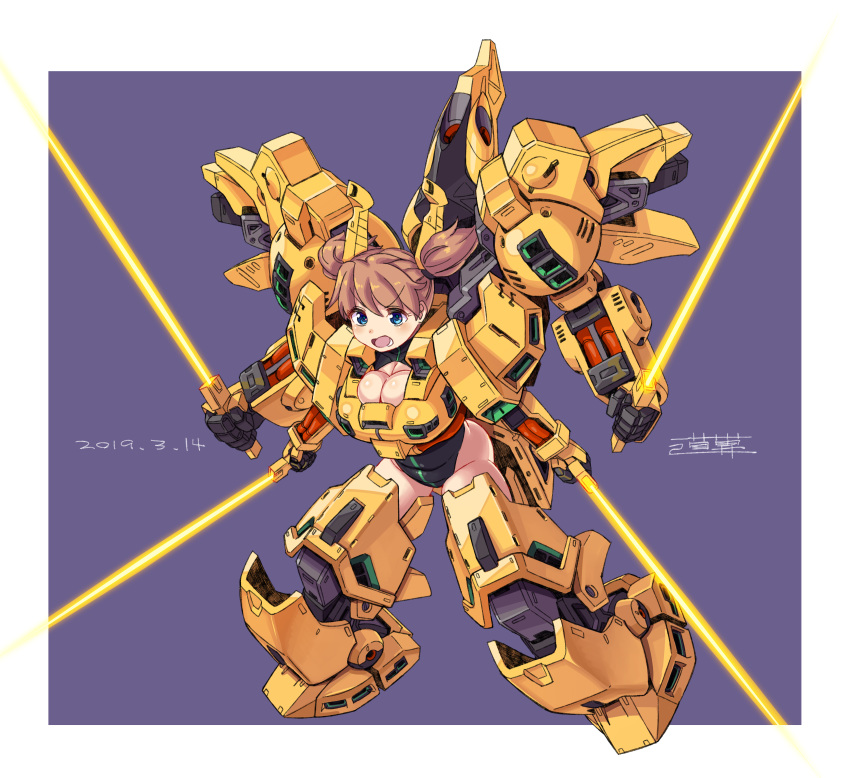 absurdres armor artist_name beam_saber blue_eyes breasts brown_hair cleavage commentary_request dated energy_sword extra_arms female full_body gundam highres large_breasts leotard mecha_musume michi_kuso open_mouth quadruple_wielding short_hair short_twintails simple_background skindentation solo sword the_o_(mobile_suit) twintails weapon zeta_gundam