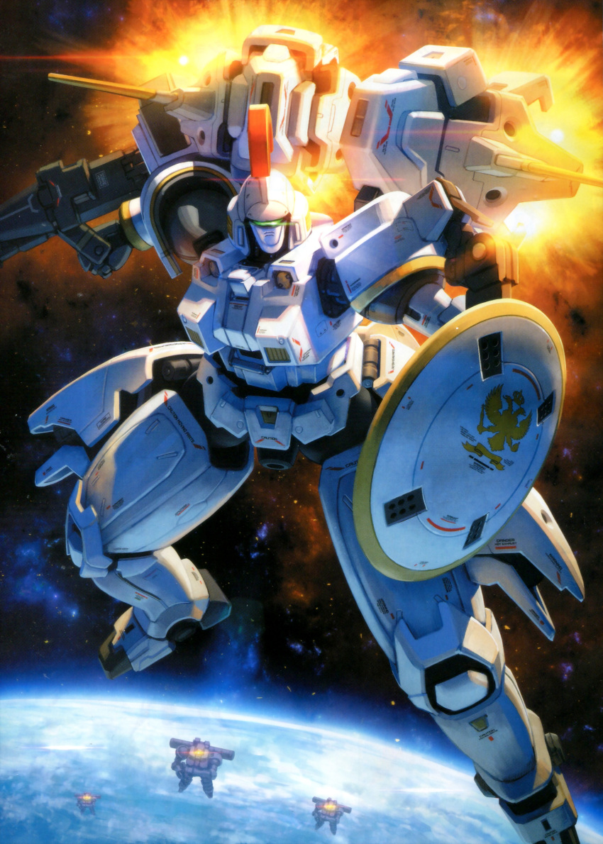 absurdres assault_visor beam_rifle bird cloud crown damaged dirty eagle earth_(planet) energy_gun fleet glowing glowing_eye green_visor gun gundam gundam_wing highres in_orbit insignia leo_(mobile_suit) machinery markings mecha no_humans non-web_source ocean official_art pinakes planet realistic robot science_fiction shield space star_(symbol) starry_background tallgeese thrusters two-headed_eagle weapon zero_gravity