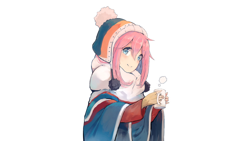 blush kagamihara_nadeshiko long_hair nasuno_chiyo photoshop pink_hair scarf white yuru_camp